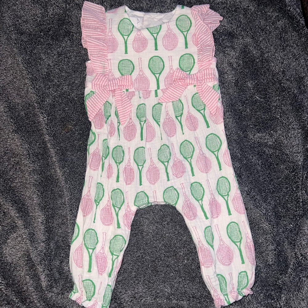 Mud Pie Pink and Green Tennis Racket Romper - NWOT